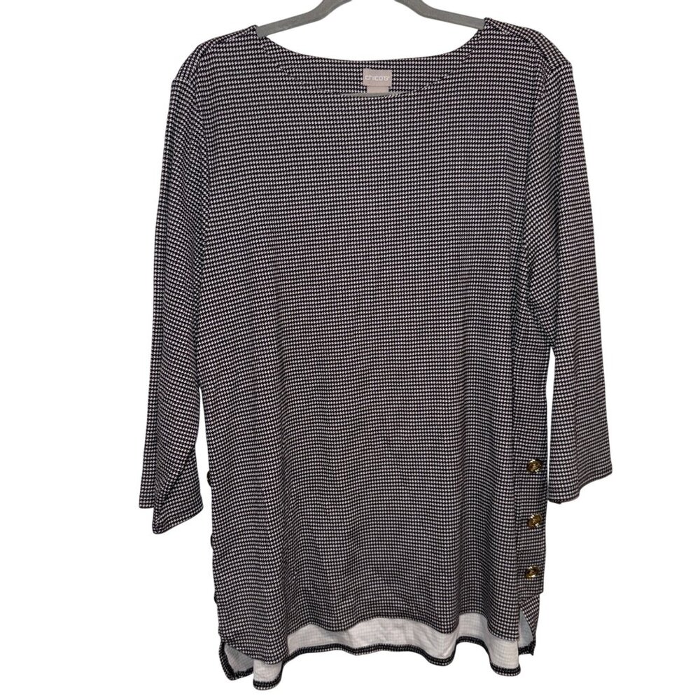 Chicos Womens Black & White Houndstooth Top W/ Gold Button Detail US Size L